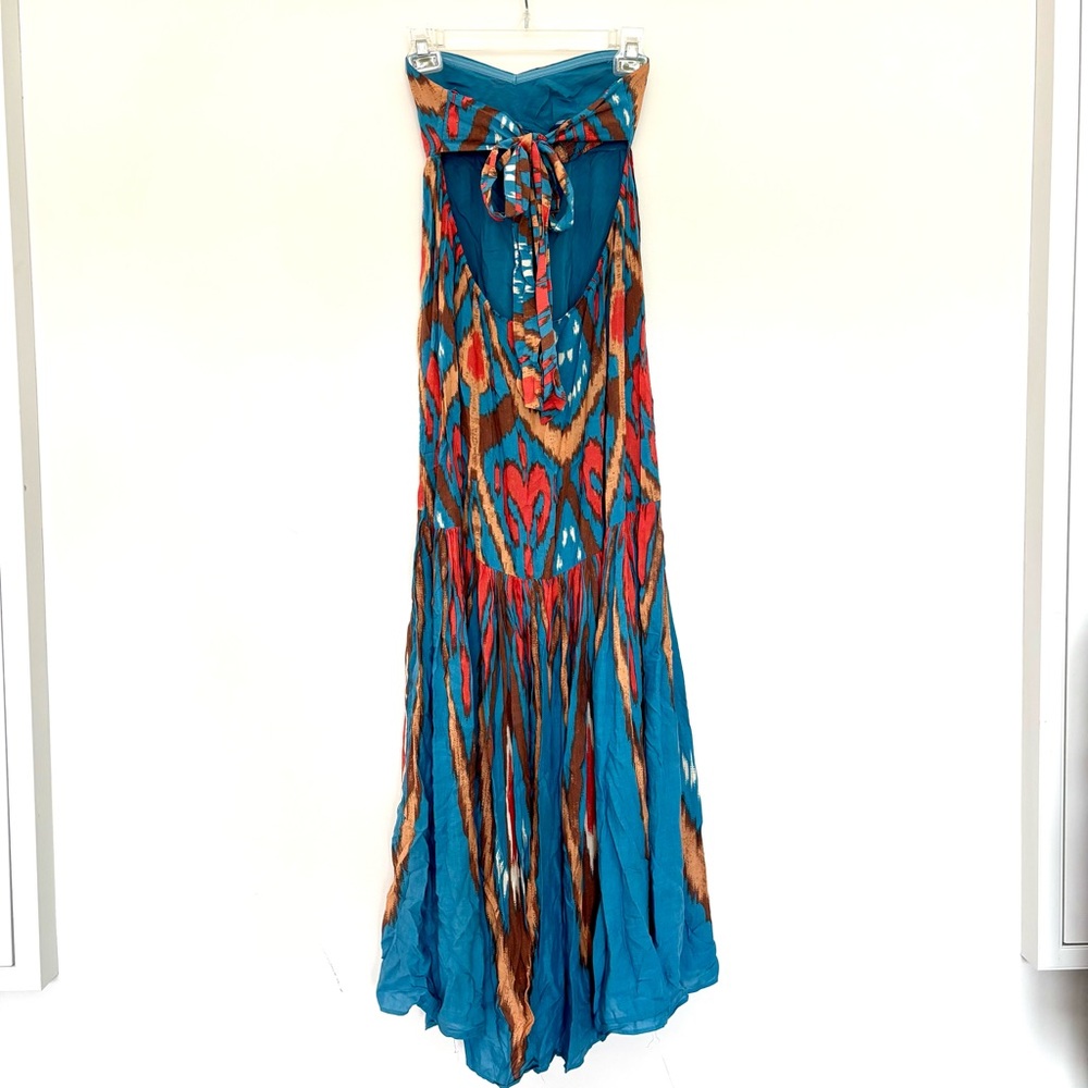 Free People Mojave Maxi Boho Strapless‎ Dress Tie Back Blue Combo Size XS - Picture 7 of 10